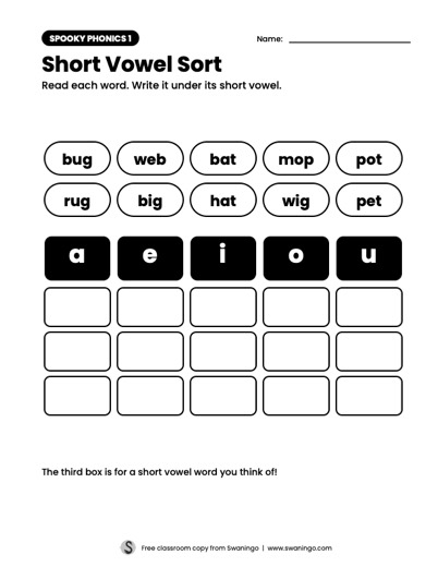 First page of Spooky Phonics: Short Vowel Sort